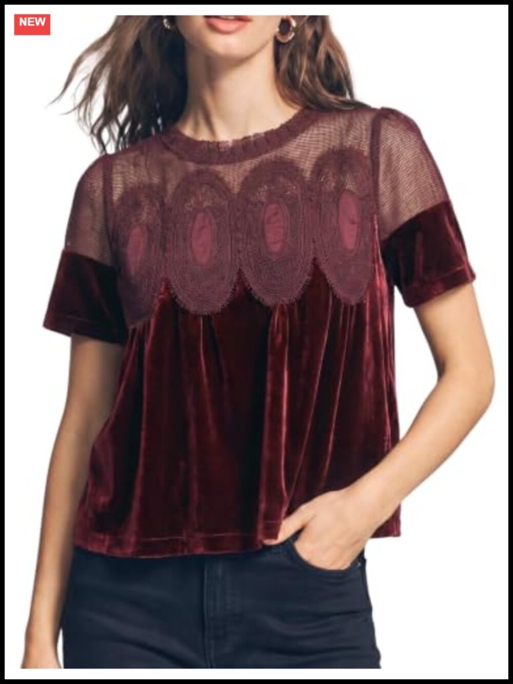 Women's Velvet Lace Blouse Short Sleeve Flowy Top
